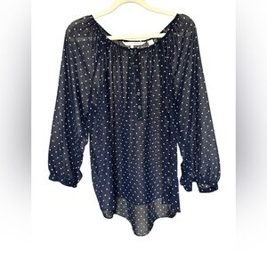 ❤️ LC Lauren Conrad Sheer Navy and White Heart Print High-Low Blouse size L EUC